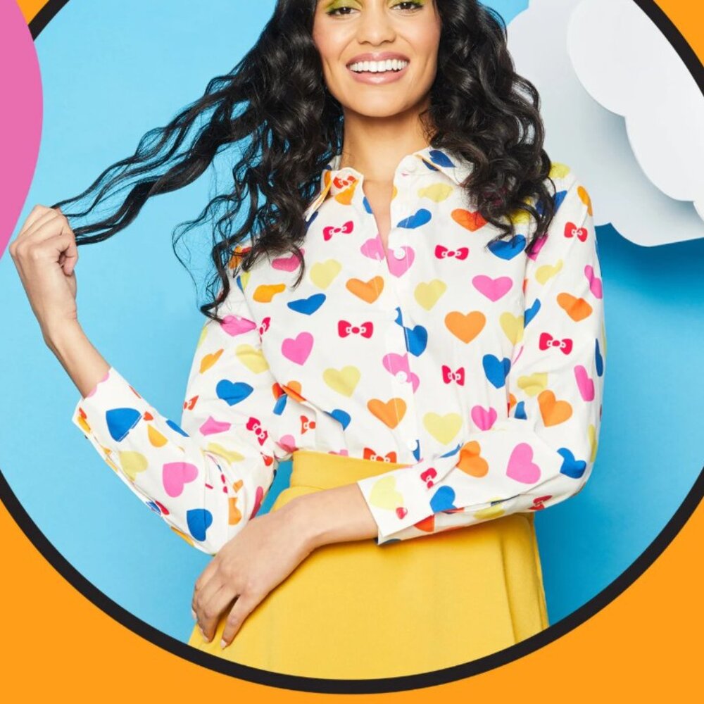 EUC Modcloth Hello Kitty long sleeve button up shirt, Medium, heart & bow print
